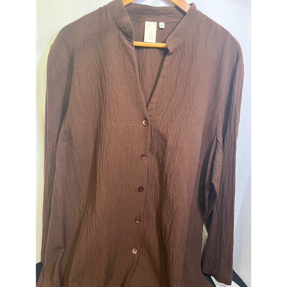 Jones New York Woman Brown Crinkle Texture Button Down Shirt Mandarin Collar 2X